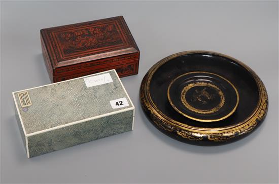 A shagreen cigarette box and three lacquer items